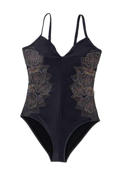 Black Petal Print Crisscross Back Spaghetti Straps Swimsuit