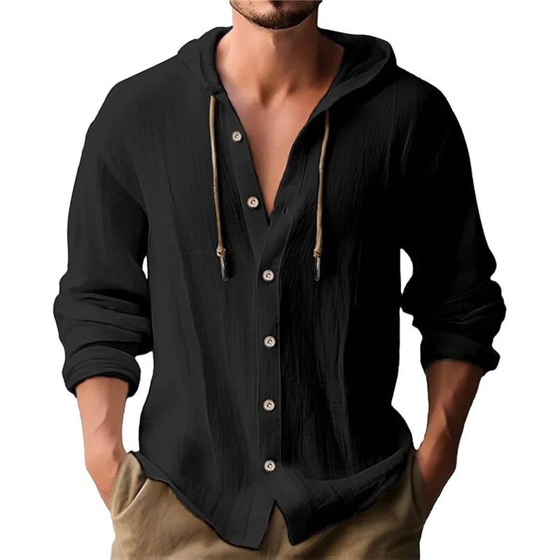 BUTZ Men's Hooded Cotton-Linen Cardigan Shirt