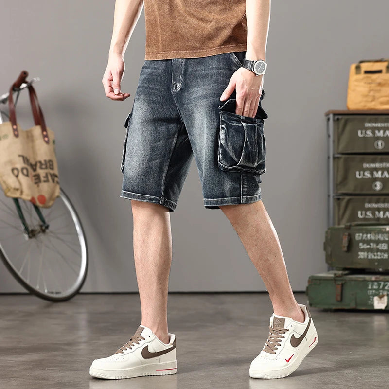 Men's Retro Multi-Pocket Denim Cargo Shorts