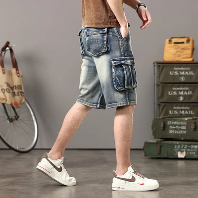 Men's Retro Multi-Pocket Denim Cargo Shorts