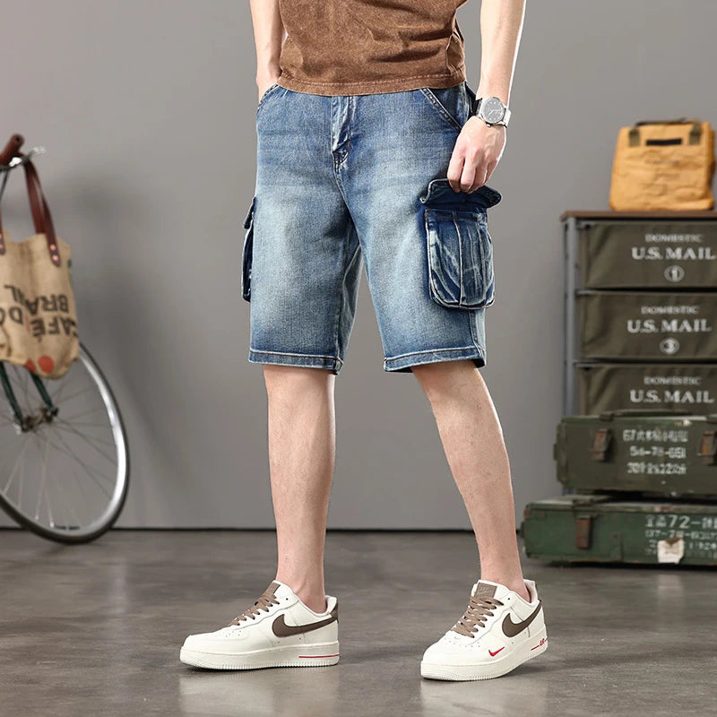 Men's Retro Multi-Pocket Denim Cargo Shorts