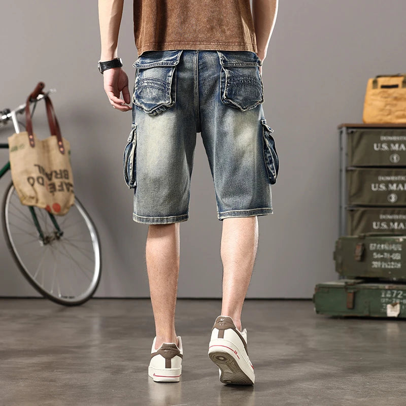 Men's Retro Multi-Pocket Denim Cargo Shorts