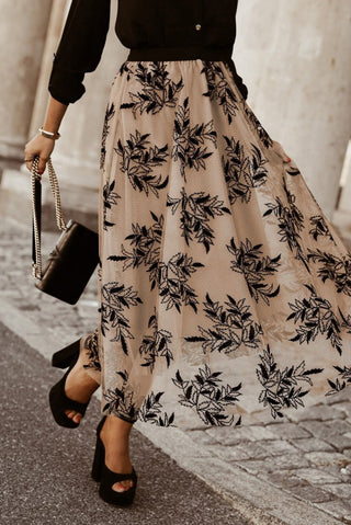 Apricot Floral Leaves Embroidered High Waist Maxi Skirt - Trendex Fashion#Apricot Floral Leaves Embroidered High Waist Maxi Skirt