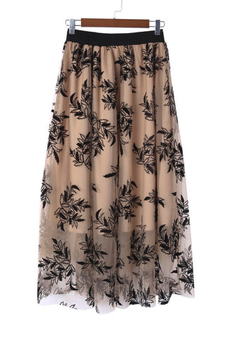 Apricot Floral Leaves Embroidered High Waist Maxi Skirt - Trendex Fashion#Apricot Floral Leaves Embroidered High Waist Maxi Skirt