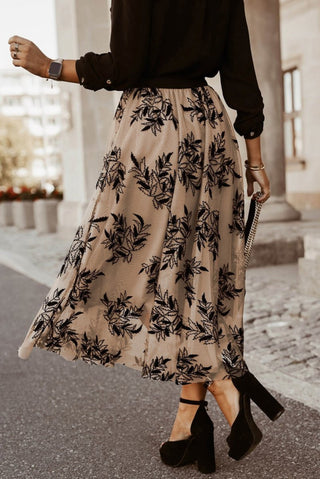 Apricot Floral Leaves Embroidered High Waist Maxi Skirt - Trendex Fashion#Apricot Floral Leaves Embroidered High Waist Maxi Skirt