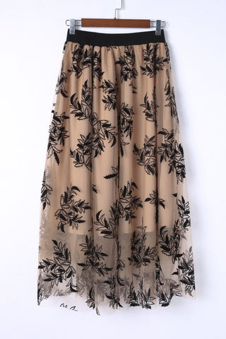 Apricot Floral Leaves Embroidered High Waist Maxi Skirt - Trendex Fashion#Apricot Floral Leaves Embroidered High Waist Maxi Skirt