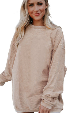 Apricot Ribbed Corduroy Oversized Sweatshirt - Trendex Fashion#Apricot Ribbed Corduroy Oversized Sweatshirt