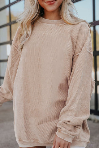 Apricot Ribbed Corduroy Oversized Sweatshirt - Trendex Fashion#Apricot Ribbed Corduroy Oversized Sweatshirt