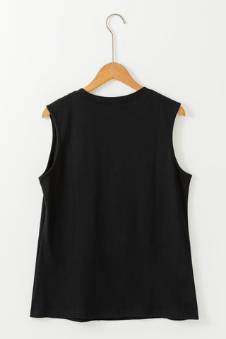 Black Crew Neck Pleated Tank Top - Trendex Fashion#Black Crew Neck Pleated Tank Top