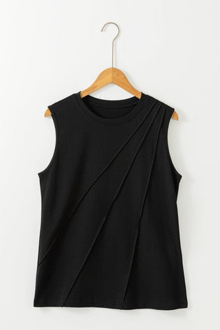 Black Crew Neck Pleated Tank Top - Trendex Fashion#Black Crew Neck Pleated Tank Top