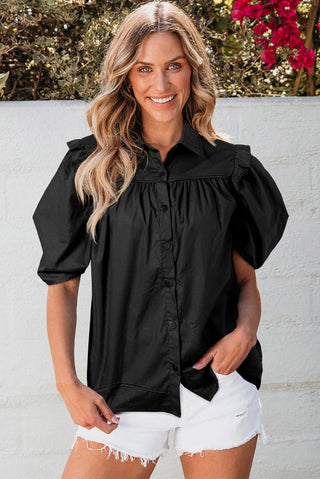 Black Crisp Puff Sleeve Loose Shirt - Trendex Fashion#Black Crisp Puff Sleeve Loose Shirt