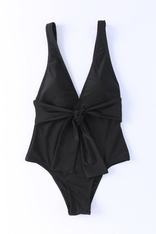 Black Deep V Neck Tie Waist One - piece Swimsuit - Trendex Fashion#Black Deep V Neck Tie Waist One - piece Swimsuit