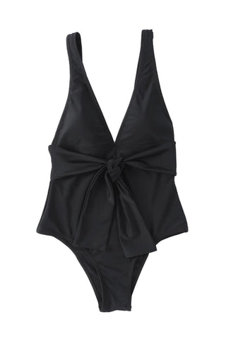 Black Deep V Neck Tie Waist One - piece Swimsuit - Trendex Fashion#Black Deep V Neck Tie Waist One - piece Swimsuit