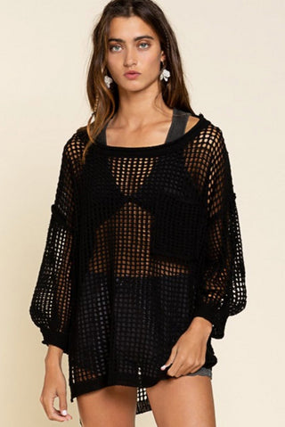 Black Fishnet Hollow - out Long Sleeve Beach Cover up - Trendex Fashion#Black Fishnet Hollow - out Long Sleeve Beach Cover up