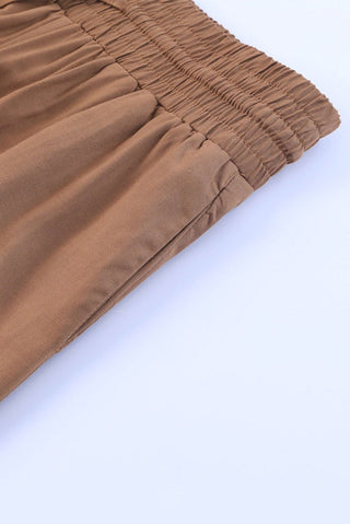 Brown Drawstring Elastic Waist Casual Wide Leg Pants - Trendex Fashion#Brown Drawstring Elastic Waist Casual Wide Leg Pants