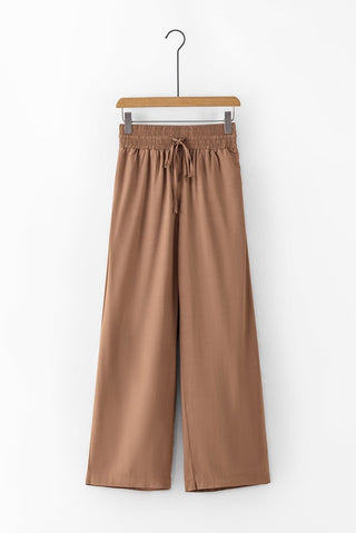 Brown Drawstring Elastic Waist Casual Wide Leg Pants - Trendex Fashion#Brown Drawstring Elastic Waist Casual Wide Leg Pants