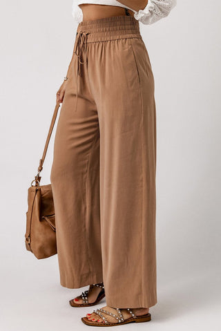 Brown Drawstring Elastic Waist Casual Wide Leg Pants - Trendex Fashion#Brown Drawstring Elastic Waist Casual Wide Leg Pants