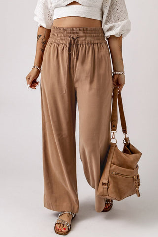 Brown Drawstring Elastic Waist Casual Wide Leg Pants - Trendex Fashion#Brown Drawstring Elastic Waist Casual Wide Leg Pants