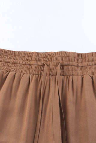 Brown Drawstring Elastic Waist Casual Wide Leg Pants - Trendex Fashion#Brown Drawstring Elastic Waist Casual Wide Leg Pants