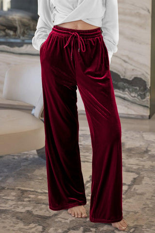 Burgundy Solid Drawstring Waist Wide Leg Pants - Trendex Fashion#Burgundy Solid Drawstring Waist Wide Leg Pants