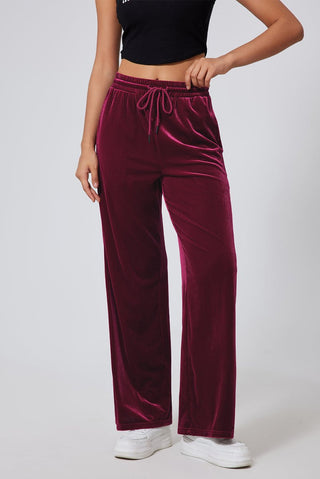 Burgundy Solid Drawstring Waist Wide Leg Pants - Trendex Fashion#Burgundy Solid Drawstring Waist Wide Leg Pants