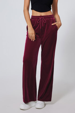 Burgundy Solid Drawstring Waist Wide Leg Pants - Trendex Fashion#Burgundy Solid Drawstring Waist Wide Leg Pants