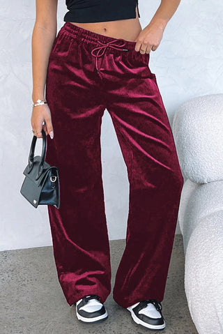 Burgundy Solid Drawstring Waist Wide Leg Pants - Trendex Fashion#Burgundy Solid Drawstring Waist Wide Leg Pants