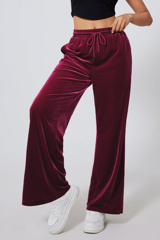 Burgundy Solid Drawstring Waist Wide Leg Pants - Trendex Fashion#Burgundy Solid Drawstring Waist Wide Leg Pants