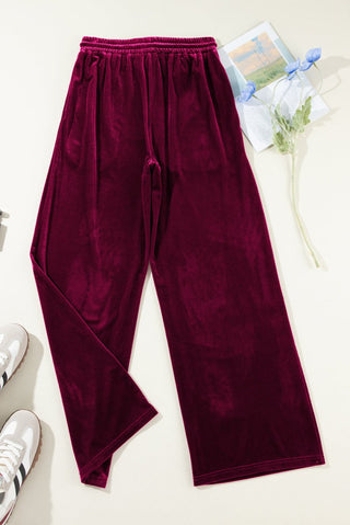 Burgundy Solid Drawstring Waist Wide Leg Pants - Trendex Fashion#Burgundy Solid Drawstring Waist Wide Leg Pants