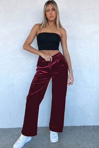 Burgundy Solid Drawstring Waist Wide Leg Pants - Trendex Fashion#Burgundy Solid Drawstring Waist Wide Leg Pants