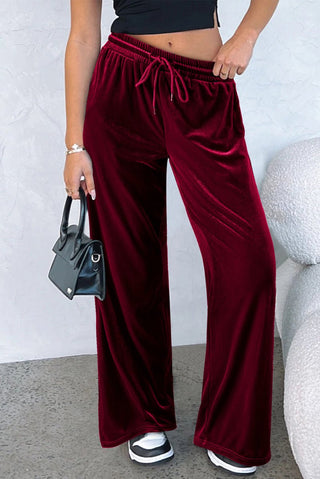 Burgundy Solid Drawstring Waist Wide Leg Pants - Trendex Fashion#Burgundy Solid Drawstring Waist Wide Leg Pants