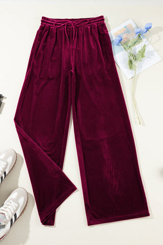 Burgundy Solid Drawstring Waist Wide Leg Pants - Trendex Fashion#Burgundy Solid Drawstring Waist Wide Leg Pants