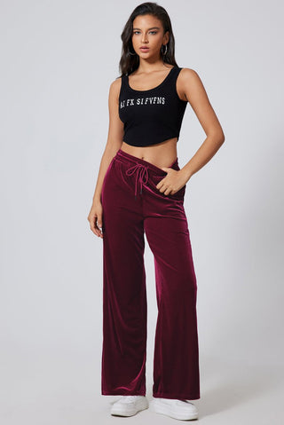 Burgundy Solid Drawstring Waist Wide Leg Pants - Trendex Fashion#Burgundy Solid Drawstring Waist Wide Leg Pants