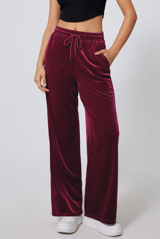 Burgundy Solid Drawstring Waist Wide Leg Pants - Trendex Fashion#Burgundy Solid Drawstring Waist Wide Leg Pants