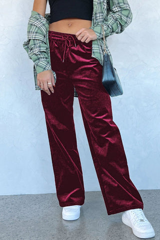 Burgundy Solid Drawstring Waist Wide Leg Pants - Trendex Fashion#Burgundy Solid Drawstring Waist Wide Leg Pants