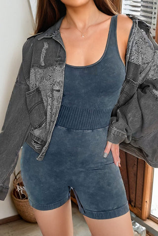 Carbon Grey Mineral Wash Ribbed High Waist Athleisure Romper - Trendex Fashion#Carbon Grey Mineral Wash Ribbed High Waist Athleisure Romper