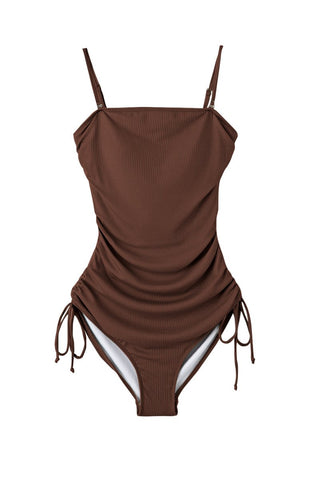 Coffee Ribbed Drawstring Sides Cutout One Piece Swimsuit - Trendex Fashion#Coffee Ribbed Drawstring Sides Cutout One Piece Swimsuit