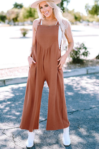 Gold Flame Textured Buttoned Straps Ruched Wide Leg Jumpsuit - Trendex Fashion#Gold Flame Textured Buttoned Straps Ruched Wide Leg Jumpsuit