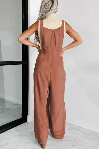 Gold Flame Textured Buttoned Straps Ruched Wide Leg Jumpsuit - Trendex Fashion#Gold Flame Textured Buttoned Straps Ruched Wide Leg Jumpsuit