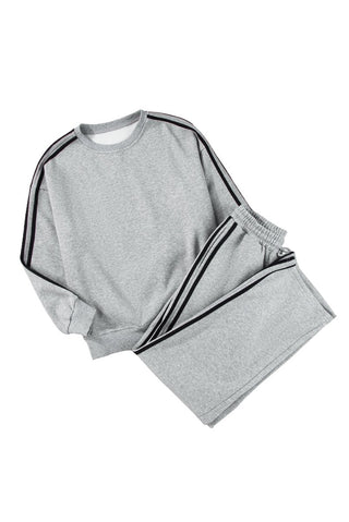 Light Grey Solid Color Side Striped Sweatshirt Active Set - Trendex Fashion#Light Grey Solid Color Side Striped Sweatshirt Active Set