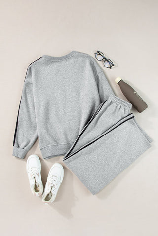 Light Grey Solid Color Side Striped Sweatshirt Active Set - Trendex Fashion#Light Grey Solid Color Side Striped Sweatshirt Active Set