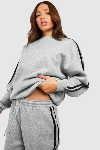 Light Grey Solid Color Side Striped Sweatshirt Active Set - Trendex Fashion#Light Grey Solid Color Side Striped Sweatshirt Active Set