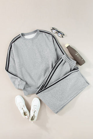 Light Grey Solid Color Side Striped Sweatshirt Active Set - Trendex Fashion#Light Grey Solid Color Side Striped Sweatshirt Active Set