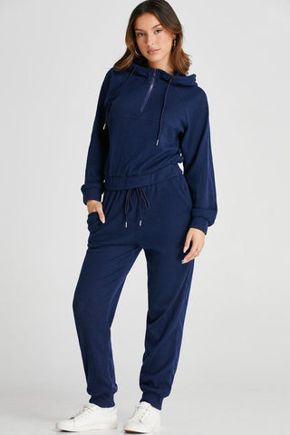 Navy Blue Ribbed Knit Cropped Hoodie and Drawstring Joggers Set - Trendex Fashion#Navy Blue Ribbed Knit Cropped Hoodie and Drawstring Joggers Set