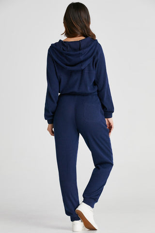 Navy Blue Ribbed Knit Cropped Hoodie and Drawstring Joggers Set - Trendex Fashion#Navy Blue Ribbed Knit Cropped Hoodie and Drawstring Joggers Set