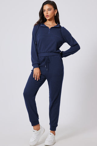 Navy Blue Ribbed Knit Cropped Hoodie and Drawstring Joggers Set - Trendex Fashion#Navy Blue Ribbed Knit Cropped Hoodie and Drawstring Joggers Set