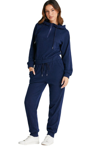 Navy Blue Ribbed Knit Cropped Hoodie and Drawstring Joggers Set - Trendex Fashion#Navy Blue Ribbed Knit Cropped Hoodie and Drawstring Joggers Set