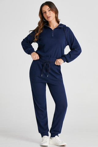 Navy Blue Ribbed Knit Cropped Hoodie and Drawstring Joggers Set - Trendex Fashion#Navy Blue Ribbed Knit Cropped Hoodie and Drawstring Joggers Set