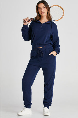 Navy Blue Ribbed Knit Cropped Hoodie and Drawstring Joggers Set - Trendex Fashion#Navy Blue Ribbed Knit Cropped Hoodie and Drawstring Joggers Set