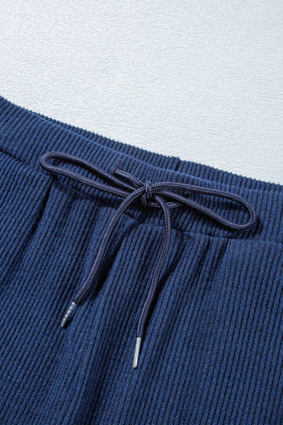 Navy Blue Ribbed Knit Cropped Hoodie and Drawstring Joggers Set - Trendex Fashion#Navy Blue Ribbed Knit Cropped Hoodie and Drawstring Joggers Set